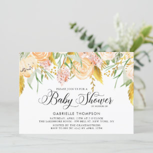 Peach Flowers and Gold Leaves Baby Shower Invitation