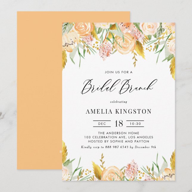 Peach Flowers and Gold Leaves Bridal Brunch Invitation (Front/Back)