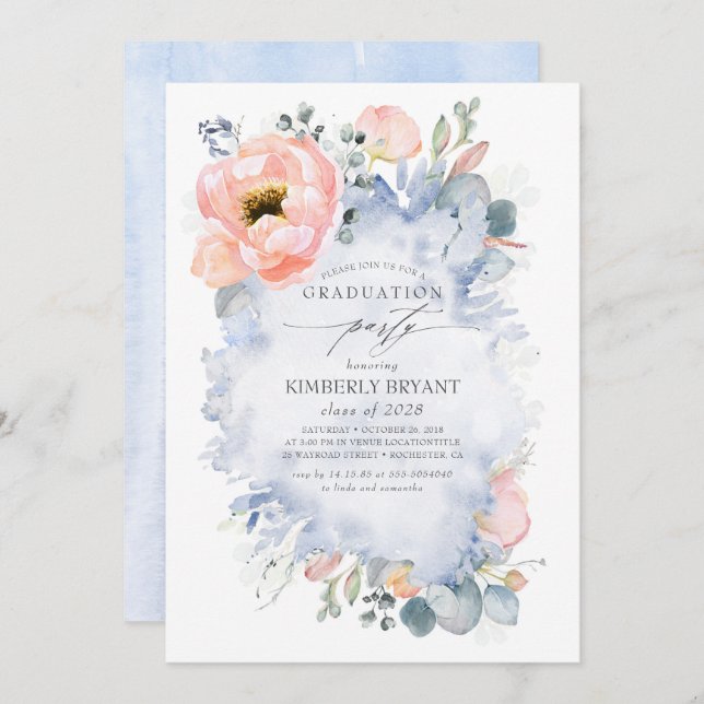 Peach Flowers and Greenery Dusty Blue Graduation Invitation (Front/Back)