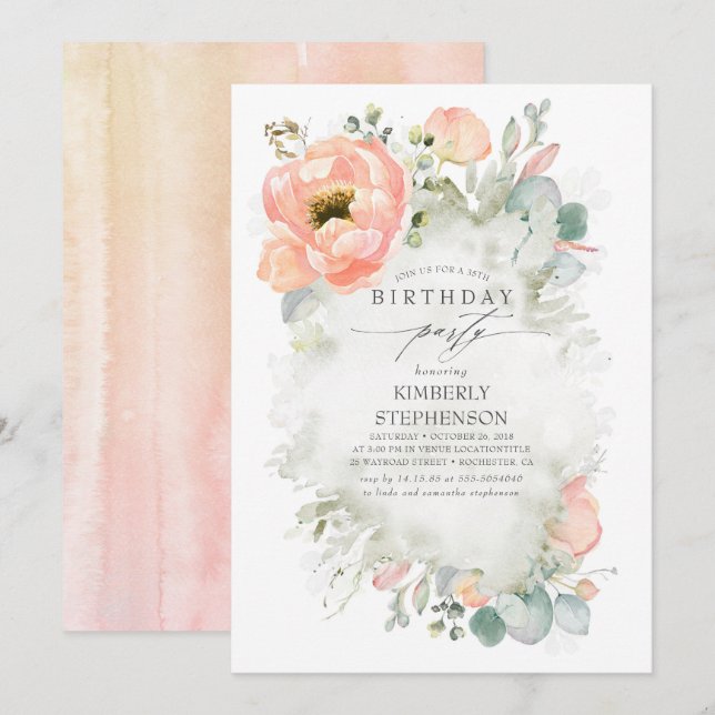 Peach Flowers and Greenery Elegant Birthday Invitation (Front/Back)