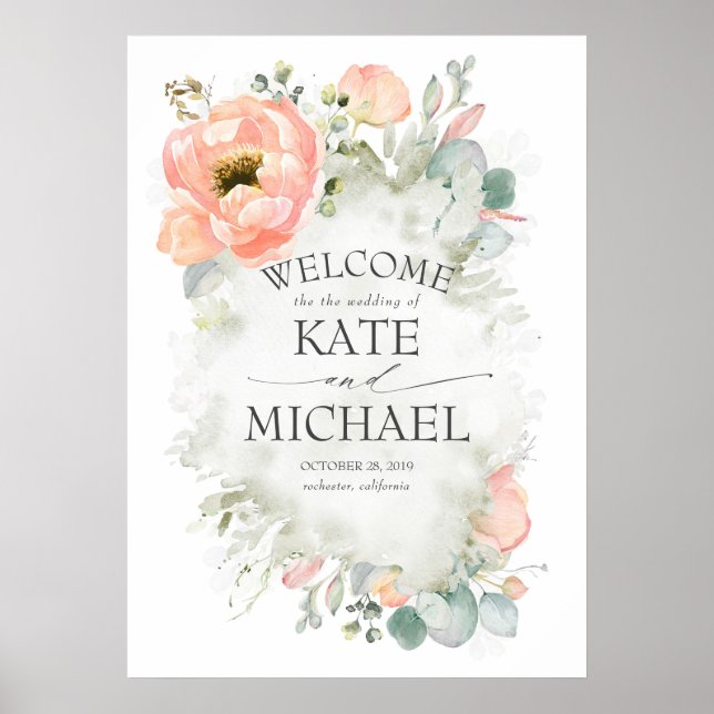Peach Flowers and Greenery Wedding Welcome Poster (Front)