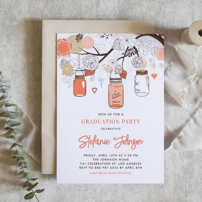 Peach Flowers and Mason Jars Graduation Party Invitation (Customizable graduation invitation featuring orange mason jars, flowers and heart strings.)