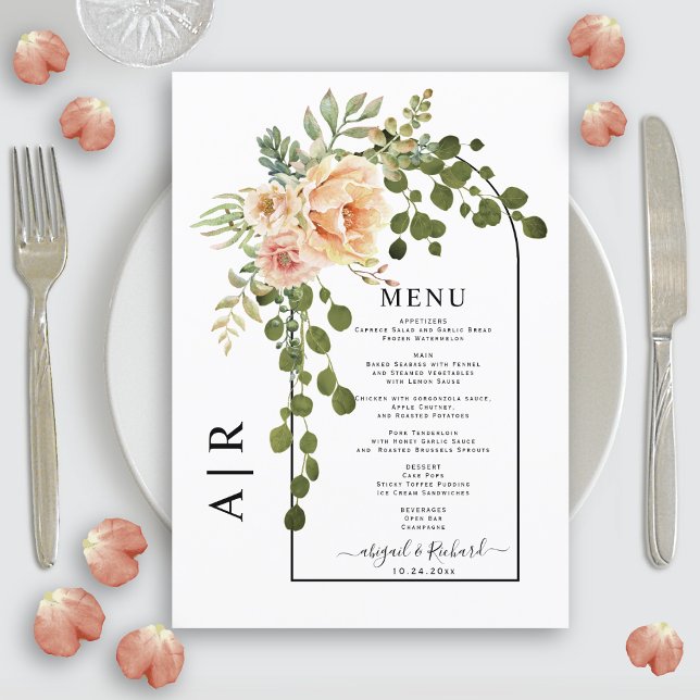 Peach flowers, arch and monogram fall wedding menu (Creator Uploaded)