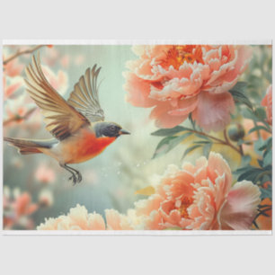 Peach Flowers Bird Decoupage  Tissue Paper