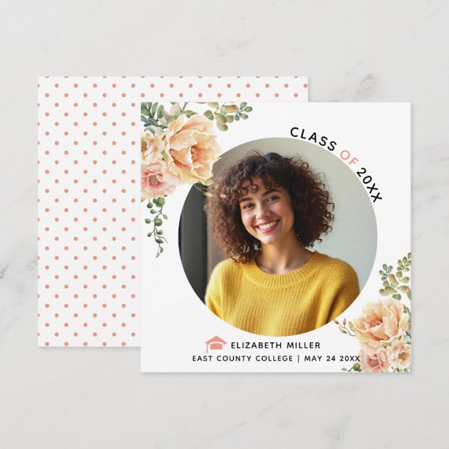 Peach flowers Class of 2025 graduation photo Announcement (Front/Back)