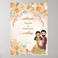 Peach flowers cute Indian bridal couple welcome