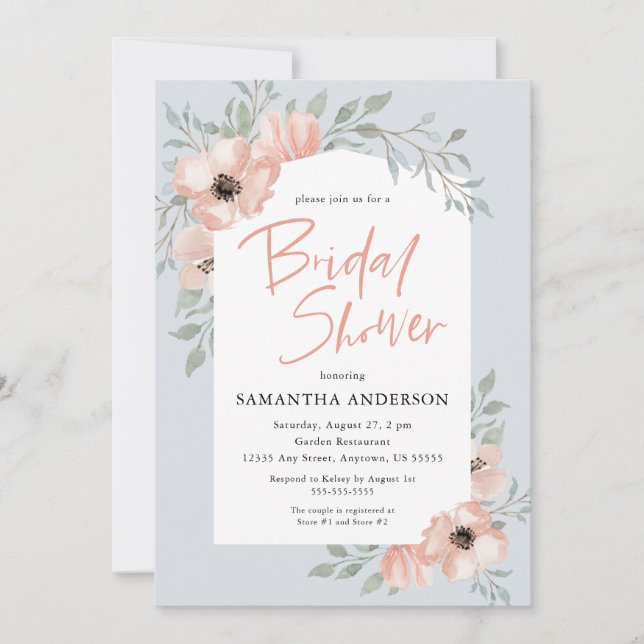 Peach Flowers Dusty Blue Handwritten Bridal Shower Invitation (Front)