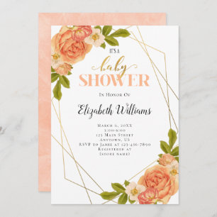 Peach Flowers Geometric Frame Baby Shower Invitation