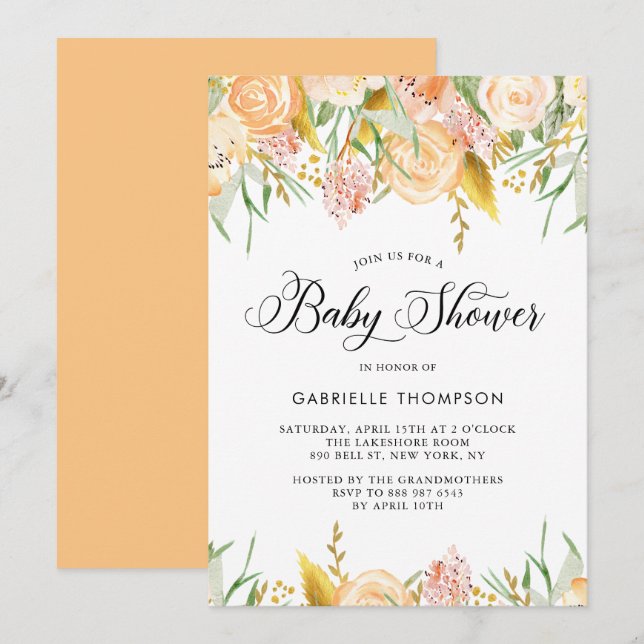 Peach Flowers & Gold Leaves Baby Shower Invitation (Front/Back)