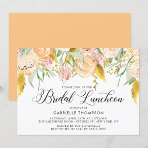 Peach Flowers Gold Leaves Bridal Luncheon Invitation