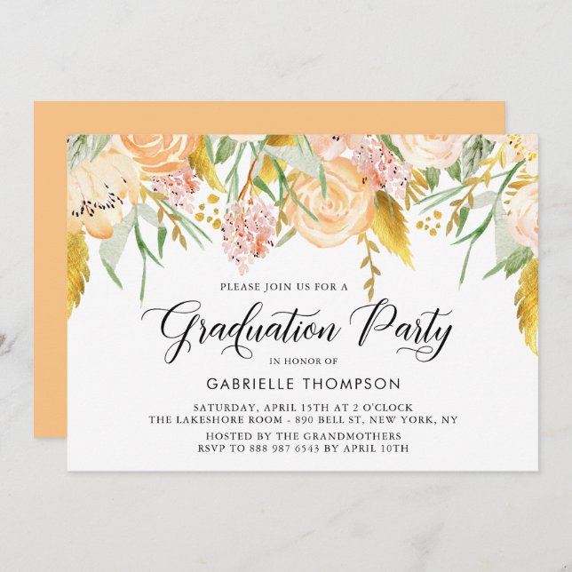 Peach Flowers & Gold Leaves Graduation Party Invitation (Front/Back)