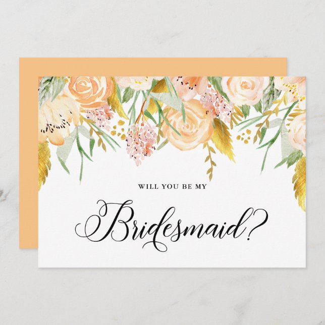 Peach Flowers Gold Will You Be My Bridesmaid Card (Front/Back)