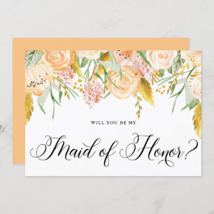 Peach Flowers Gold Will You Be My Maid of Honour Invitation