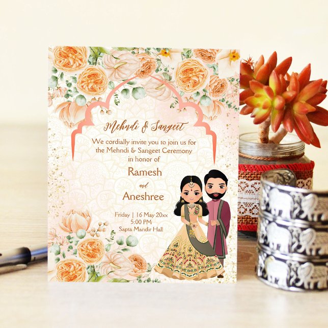 Peach flowers Indian couple mehndi sangeet invite (Creator Uploaded)