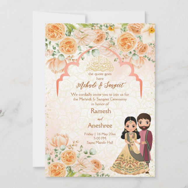 Peach flowers Indian couple mehndi sangeet Islamic Invitation (Front)