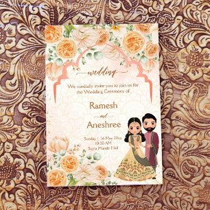 Peach flowers Indian couple wedding invite templat