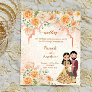 Peach flowers Indian couple wedding invite templat