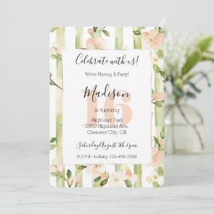 Peach Flowers Mint Green Stripes 16th Birthday Invitation