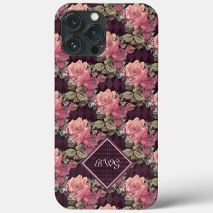 Peach Flowers on Purple Diamonds Monogram iPhone 13 Pro Max Case