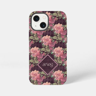 Peach Flowers on Purple Diamonds Monogram iPhone 13 Mini Case