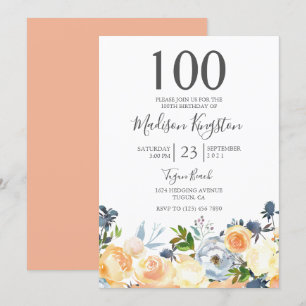 Peach Flowers Pretty 100th Birthday Party Invite