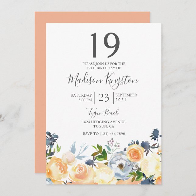 Peach Flowers Pretty 19th Birthday Party Invite (Front/Back)