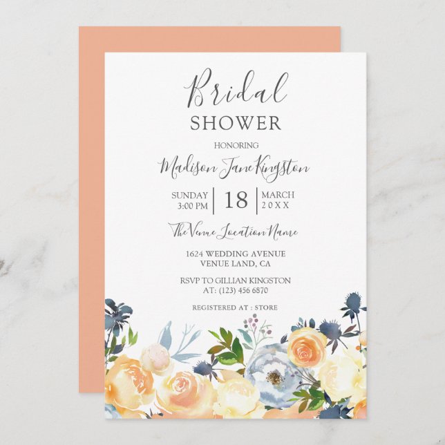Peach Flowers Pretty Spring Bridal Shower Invite (Front/Back)