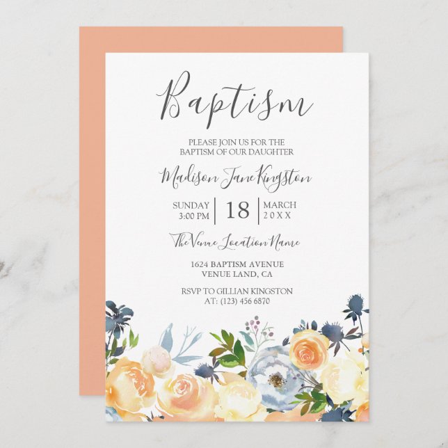 Peach Flowers Pretty Spring Girl or Boy Baptism Invitation (Front/Back)