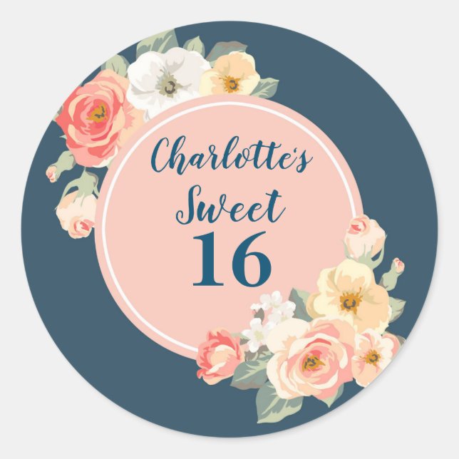 Peach Flowers Sweet 16 Birthday Favour Tag (Front)