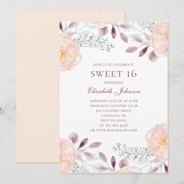Peach flowers Sweet 16. Floral 16th birthday Invitation (Front/Back)