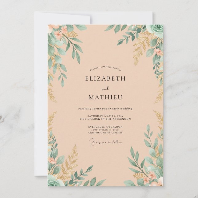 Peach Foliage Eucalyptus Wedding Invitation (Front)