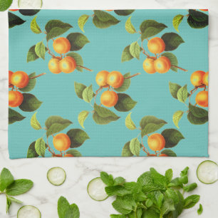 Peach fruit pattern vintage teal orange tea towel