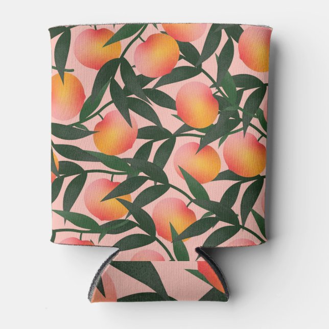 Peach Fruit Pink Background Pattern. Can Cooler (Front)