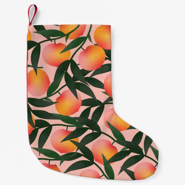 Peach Fruit Pink Background Pattern. Small Christmas Stocking (Front)