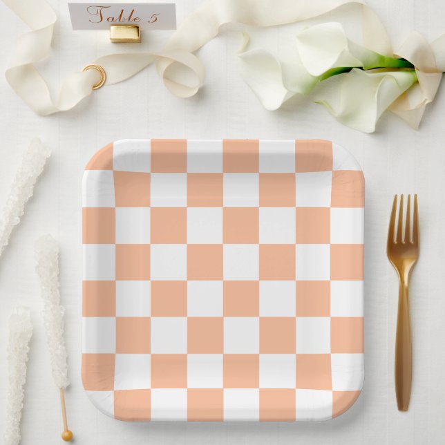 Peach Fuzz Chequered Gingham Pattern Paper Plate (Wedding)
