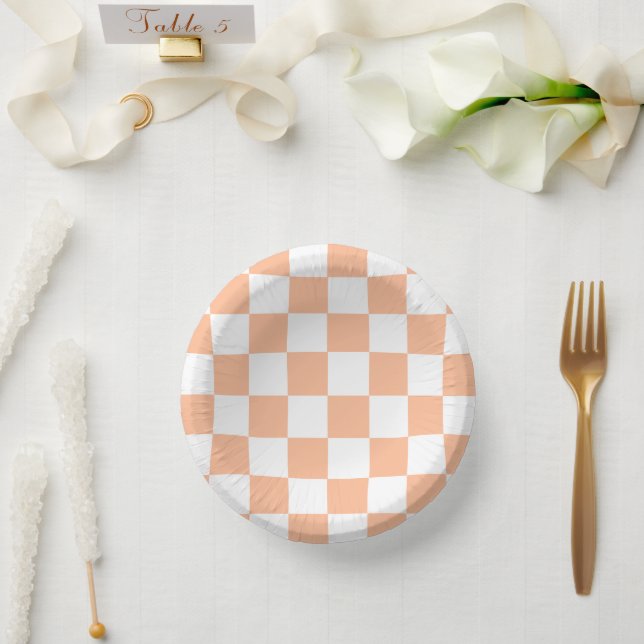 Peach Fuzz Chequered Gingham Pattern Paper Plate (Wedding)