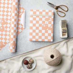 Peach Fuzz Chequered Retro Cherry Plaid Pattern  Wrapping Paper