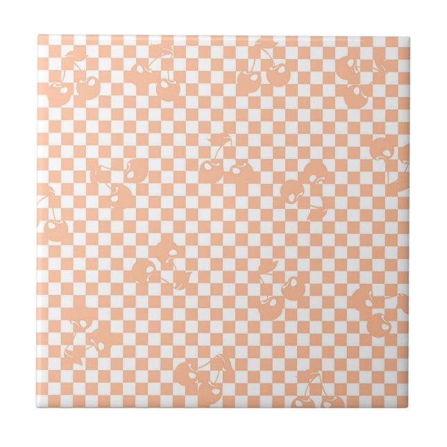 Peach Fuzz Cherry Gingham Pattern Ceramic Tile (Front)