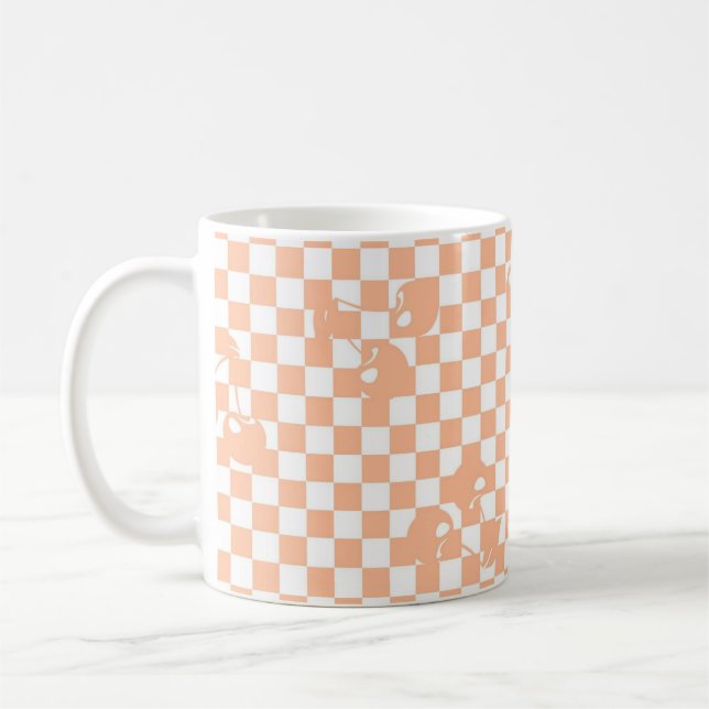 Peach Fuzz Cherry Gingham Pattern Coffee Mug (Left)