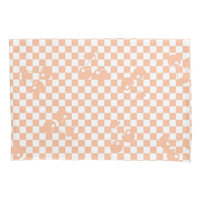 Peach Fuzz Cherry Gingham Pattern Pillowcase (Front)