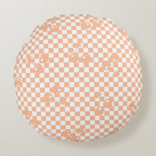 Peach Fuzz Cherry Gingham Pattern Round Cushion