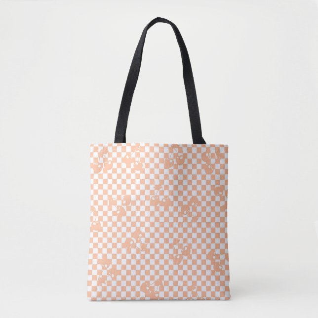 Peach Fuzz Cherry Gingham Pattern Tote Bag (Front)