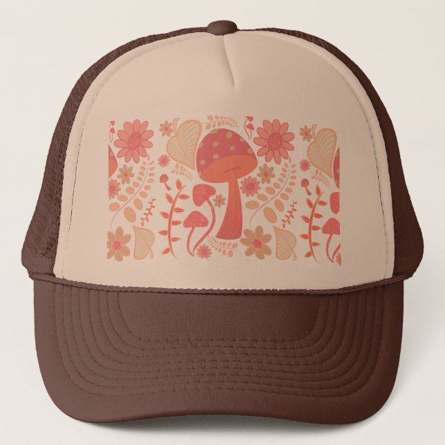 Peach Fuzz Colour of the year mushrooms floral Trucker Hat (Front)