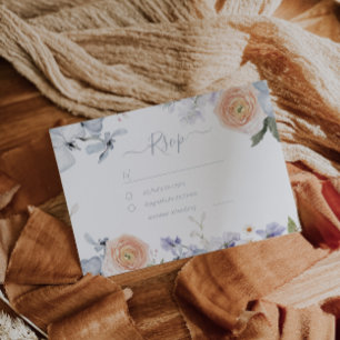 Peach Fuzz Dusty Blue Trendy Wedding RSVP Card