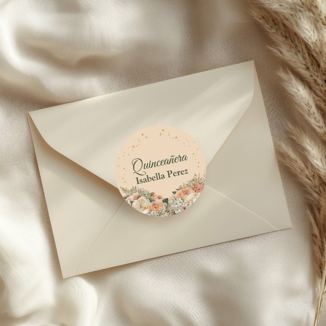 Peach Fuzz Floral and Gold Glitter Quinceanera Classic Round Sticker (Peach Fuzz Floral and Gold Glitter Quinceanera Classic Round Sticker on an elegant envelope.)