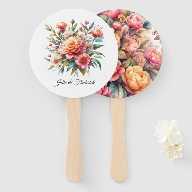 Peach Fuzz Floral Wedding Hand Fan (Front and Back)