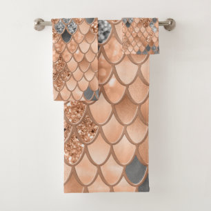 Peach Fuzz Grey Mermaid Scales Glam #1  Bath Towel Set