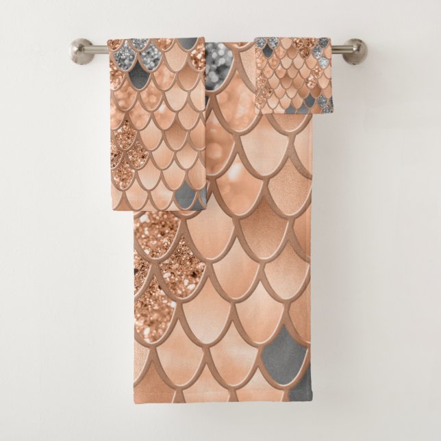 Peach Fuzz Grey Mermaid Scales Glam #1  Bath Towel Set (Insitu)