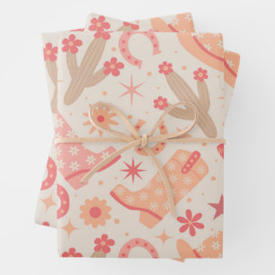 Peach Fuzz Groovy Cowgirl boots and hats Wrapping Paper Sheet