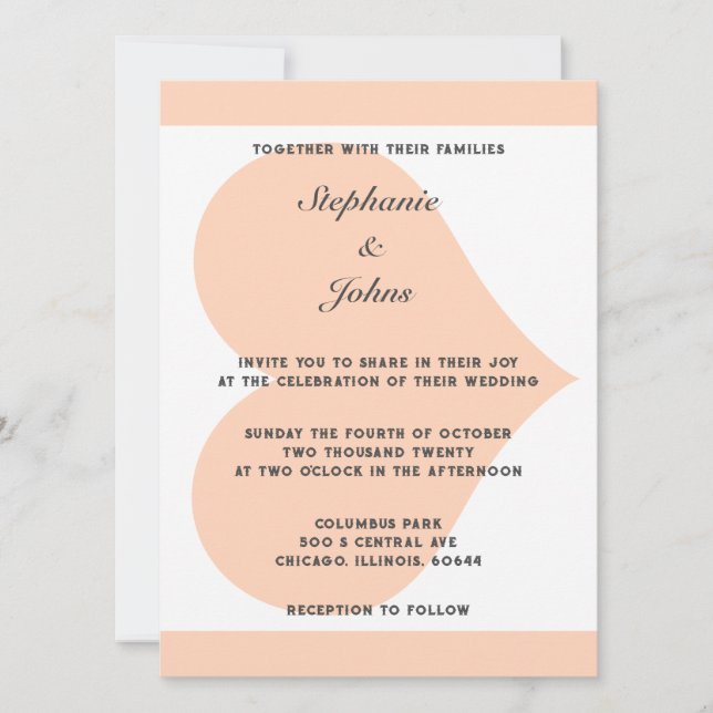 Peach Fuzz Heart Pattern Elegant Beach Wedding Invitation (Front)